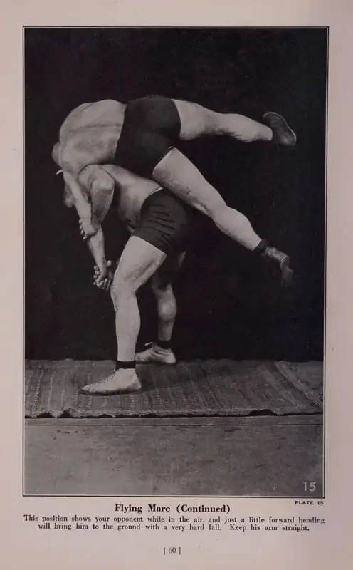 Um arremesso Flying Mare de um manual de luta dos anos 1920 — arremessos e slams são regulamentados em esportes de combate há mais de um século