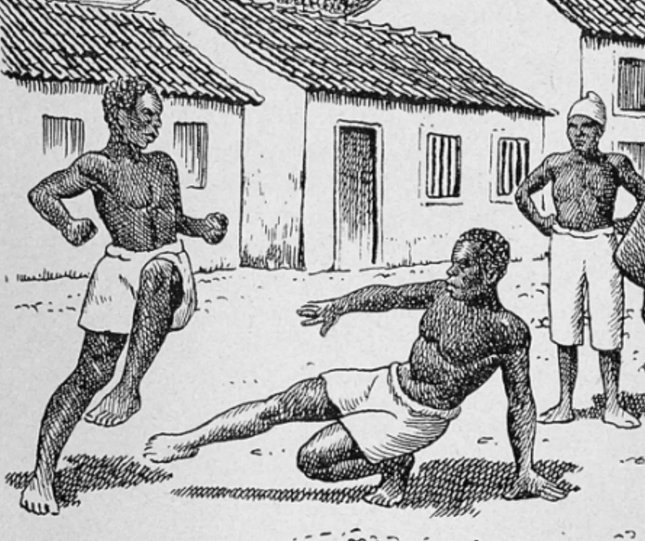 Catálogo completo de movimientos de capoeira: la patada giratoria con el talón meia lua de compasso (half-moon compass kick), la barrida de pie rasteira (foot sweep) y la voltereta de evasión au (cartwheel) — las tres categorías de movimiento que definen el vocabulario técnico de la capoeira.