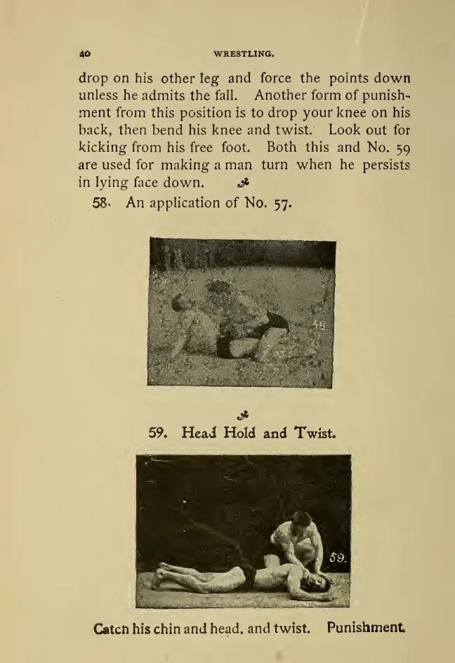 Плоча 59 от наръчника на Spalding по catch wrestling от 1912 г. — „Head Hold and Twist" демонстрира принципа на контрола върху главата, който catch борците разширяват до завършвания със сцеплени крака, когато противникът се отказва от врата.