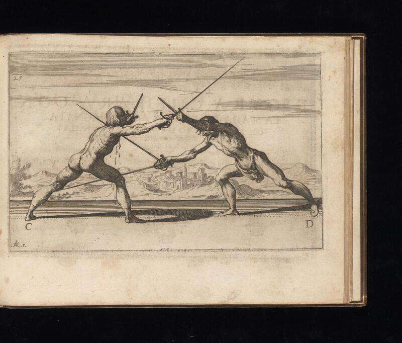 Two fencers in blade engagement from Capo Ferro (1610) — reading the opponent's intention through crossed blades is the foundation of second-intention combat. Public domain