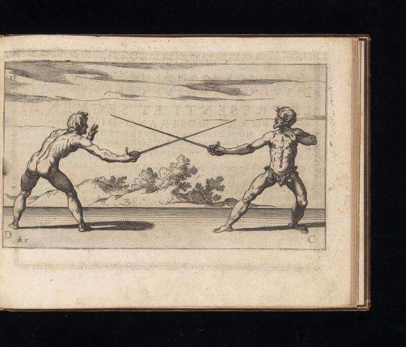 Two fencers in blade engagement from Ridolfo Capo Ferro's "Gran Simulacro dell'Arte e dell'Uso della Scherma" (1610) — the moment before a disengage or counter-disengage. Public domain