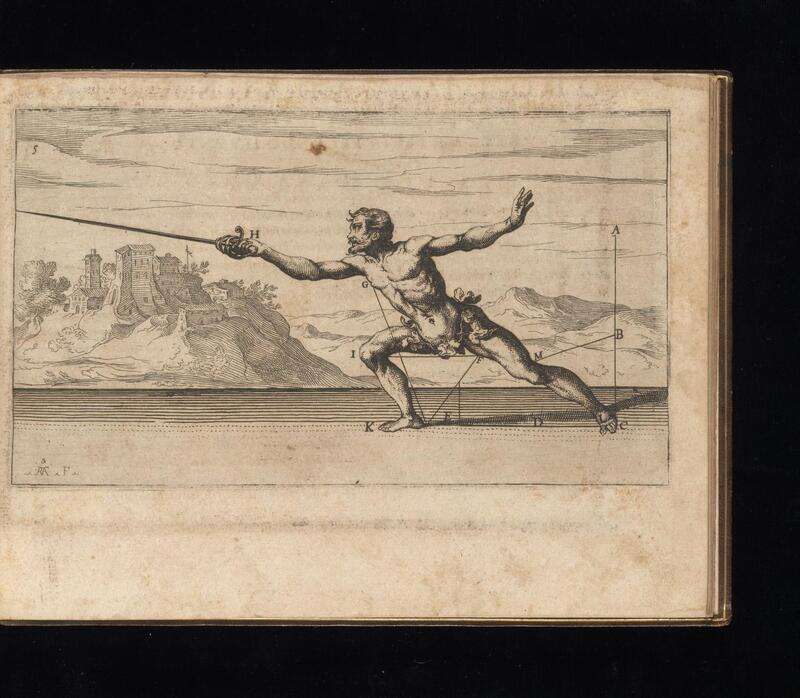 A fencer executing the lunge from Capo Ferro's treatise (1610) — the Italian school emphasized blade domination and powerful extension. Public domain