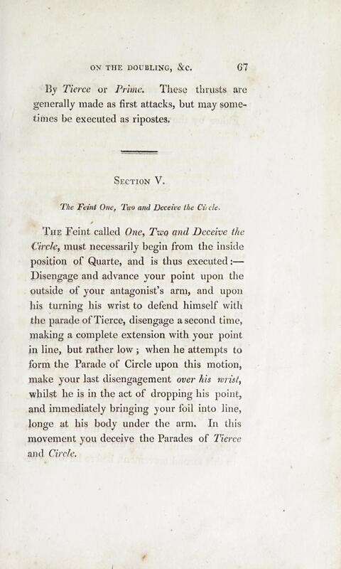 Page from George Roland's "A Treatise on the Theory and Practice of the Art of Fencing" (1823) — describing how to "Deceive the Circle," the technical ancestor of the modern counter-disengage. Public domain
