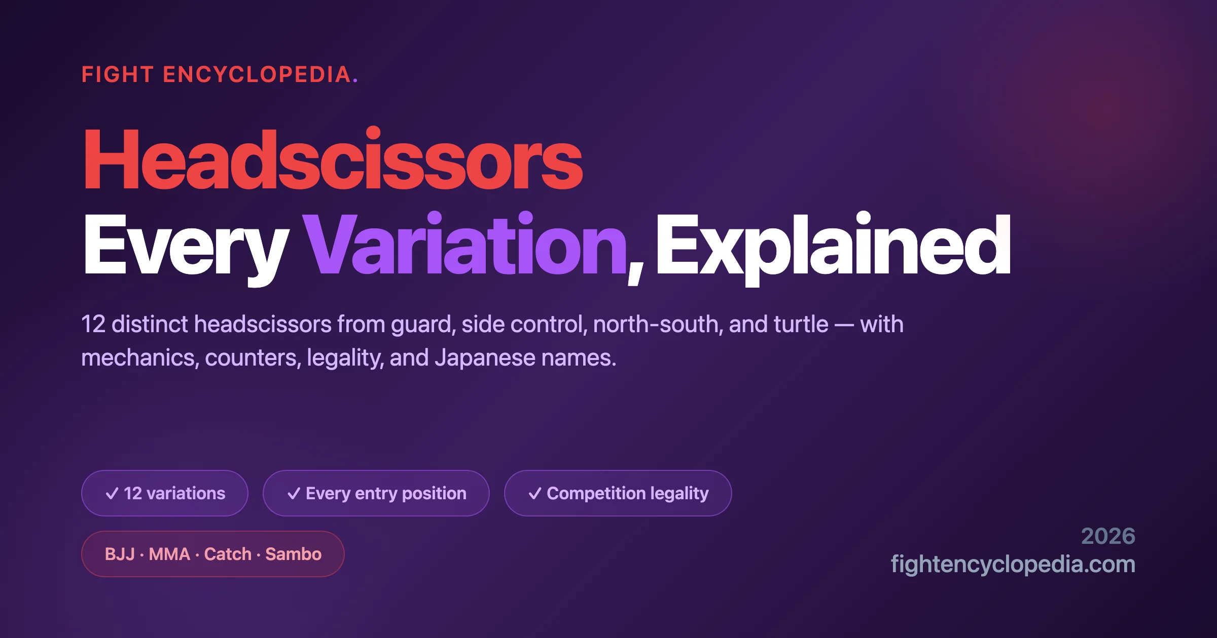 Скачи с крака (Headscissors) — пълно ръководство, обхващащо всяка вариация от гарда, страничен контрол, север-юг и костенурка. Fight Encyclopedia документира 12 различни техники headscissors с пълен биомеханичен разбор.