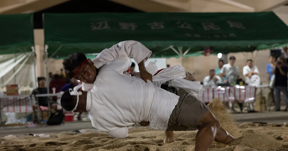Vista del tatami: un judoka ejecutando harai goshi con agarre de cuello y manga a la izquierda, y un luchador completando un doble pierna (double-leg takedown) a la derecha — dos sistemas, un solo objetivo