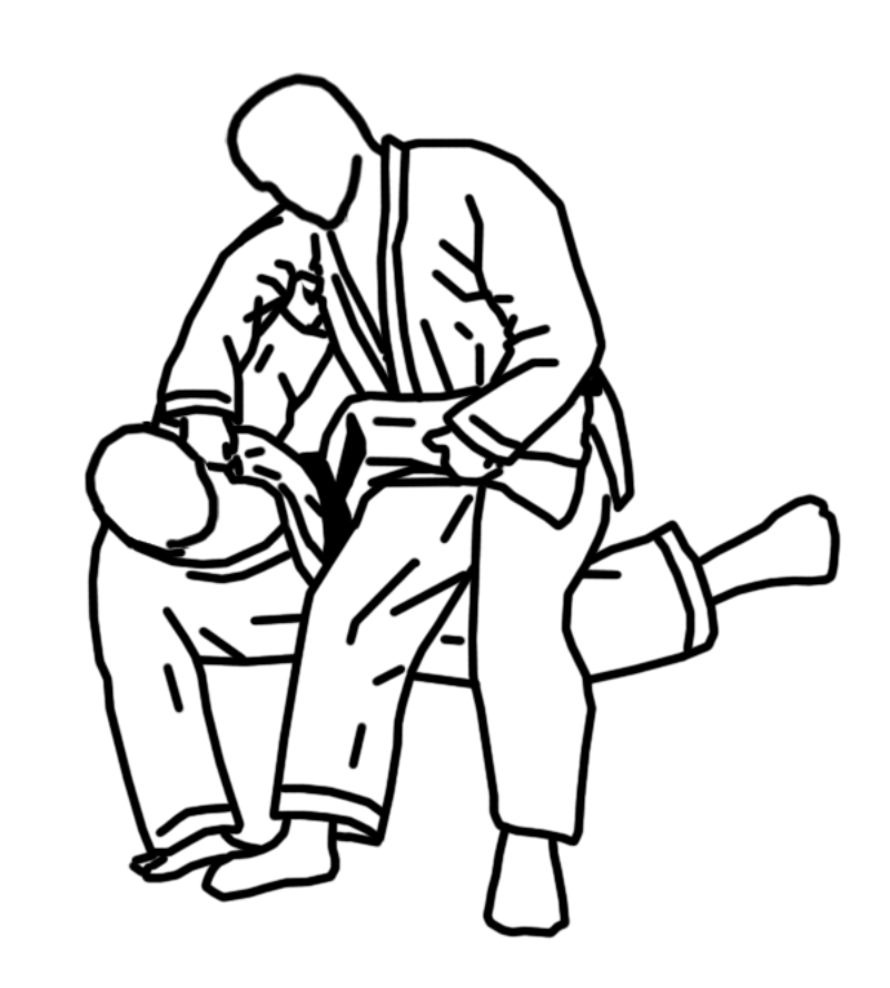 Diagrama da técnica kani basami (queda em tesoura) — o atacante cai ao lado do oponente e faz tesoura com as pernas no nível do tornozelo e do joelho, CC BY-SA 3.0 Jud Costa via Wikimedia Commons