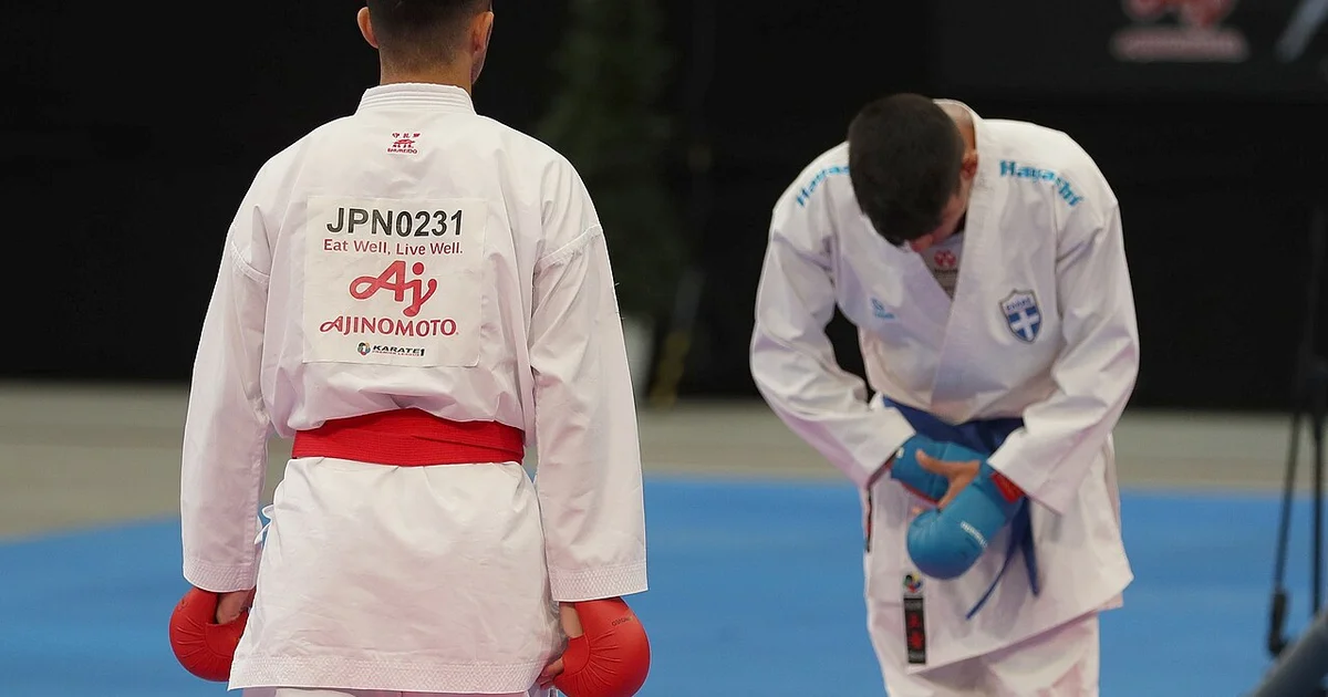 Два каратиста в экипировке, соответствующей стандартам WKF, — в красном и синем — обмениваются ударами на дистанции оценки, демонстрируя модель контролируемой агрессии в современном соревновательном кумитэ.