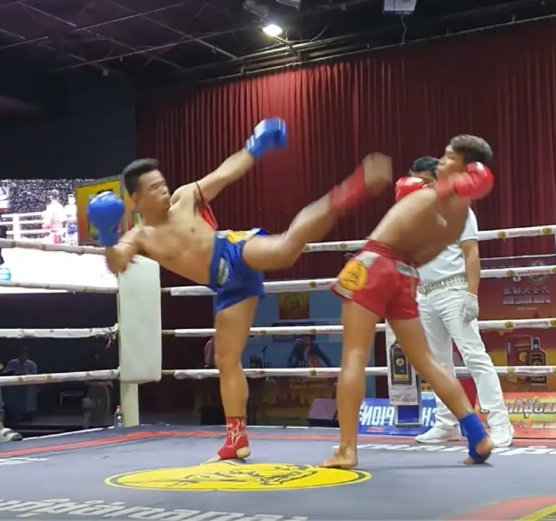High kick and dodge in a kickboxing match — the snap-style kick that defines kickboxing's speed-first approach