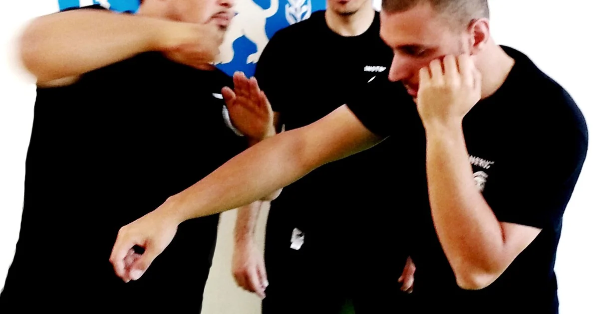 Krav Maga 360° defense drill beside an MMA fighter's clinch work — two systems with different design mandates