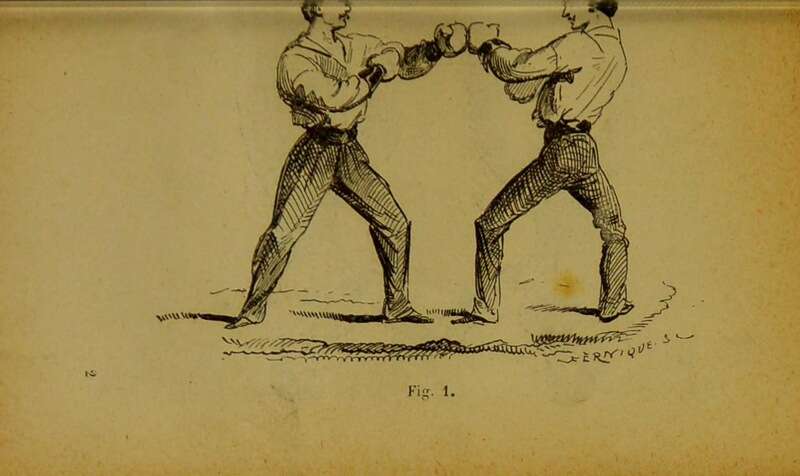 Figure 1 from "Manuel de la boxe française" (1882) — two savateurs in the classic guard position, fists raised and weight on the back foot. Public domain