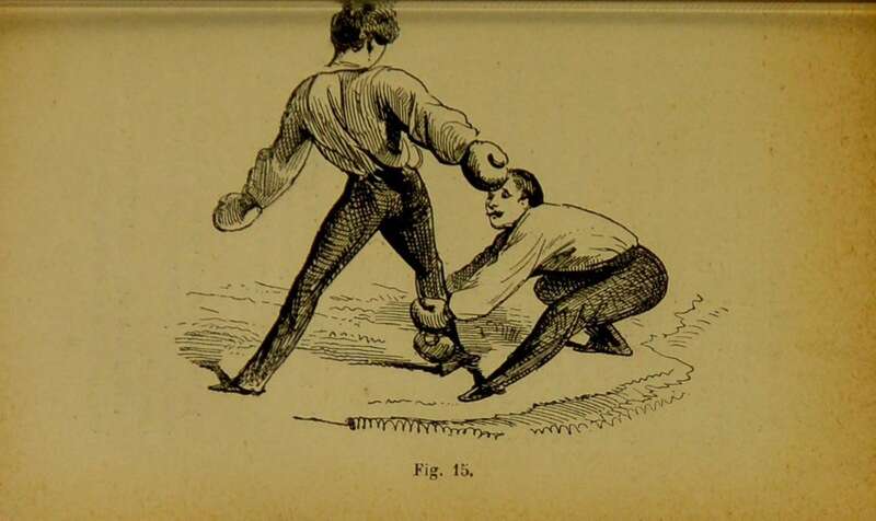 Figure 15 from "Manuel de la boxe française" (1882) — a leg grab and sweep technique, part of savate's arsenal that went beyond pure striking. Public domain
