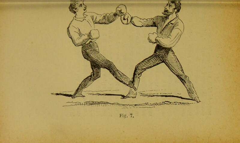 Figure 7 from "Manuel de la boxe française" (1882) — a savateur delivering a high kick (fouetté) to the face while the opponent attempts to block. Public domain