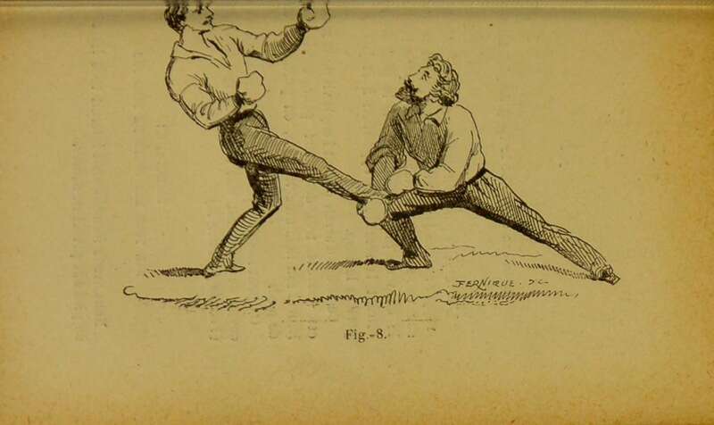 Figure 8 from "Manuel de la boxe française" (1882) — a savateur delivering a kick to the body while the opponent defends. Public domain
