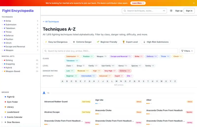 La interfaz del catálogo de técnicas de Fight Encyclopedia: más de 2.000 técnicas en nueve clases de combate, la base que alimenta las lecciones, puzzles y sistema de entrenamiento con Elo de Fight IQ. El reconocimiento de patrones sobre este catálogo es para lo que sirve el aprendizaje gamificado de artes marciales.