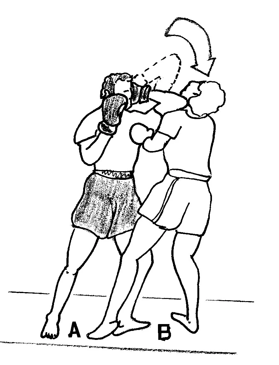 The descending elbow strike (coude descendant) — the downward 12-to-6 motion that was banned in MMA for twenty-four years. Illustration by Alain Delmas, CC BY-SA 3.0 via Wikimedia Commons